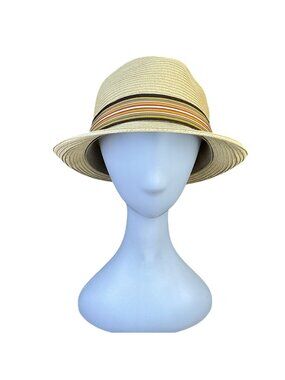 Jaxon Unisex Natural Straw Fedora Hat With Striped Band Sun Protection